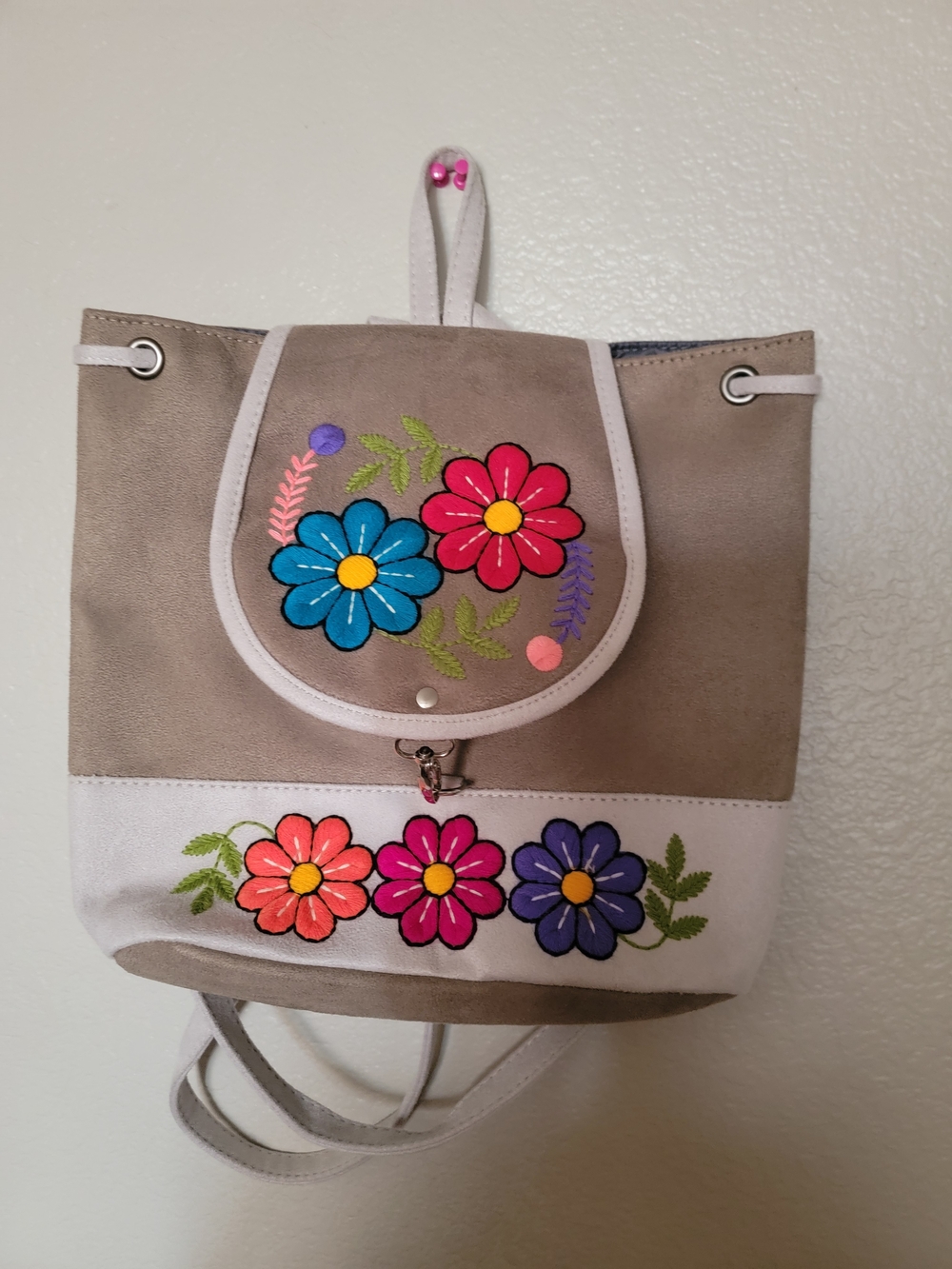 Floral Embroidered Beige and White Women’s Backpack